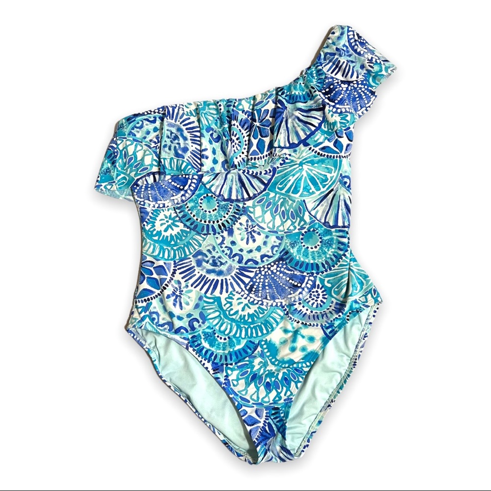 Lilly Pulitzer Blue and Green One-Shoulder Swim One Piece